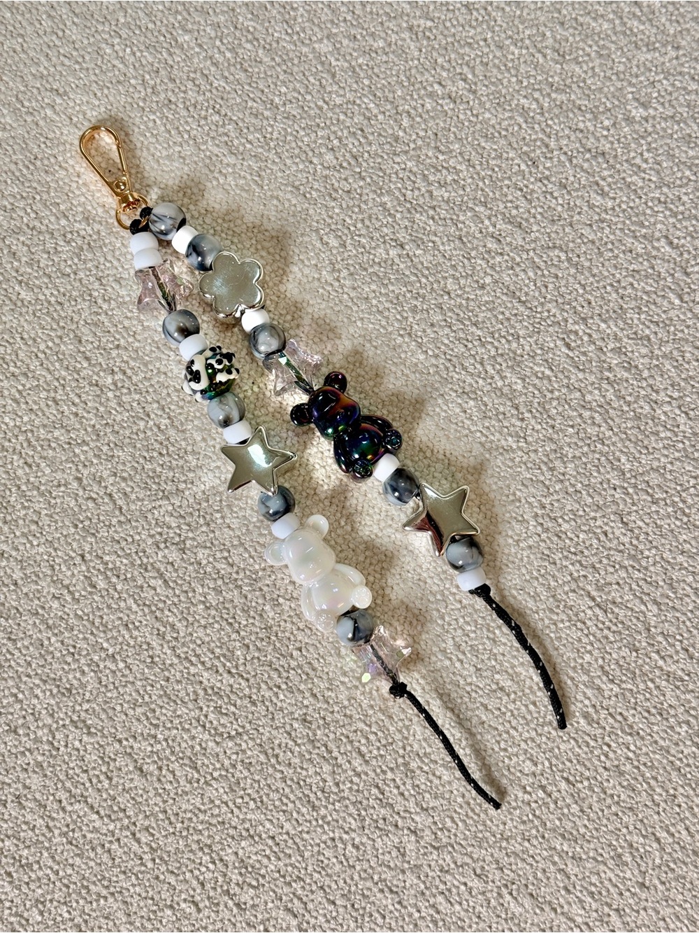 Hand Crafted Beaded Bag Charm in White, Black, Silver and Iridescent